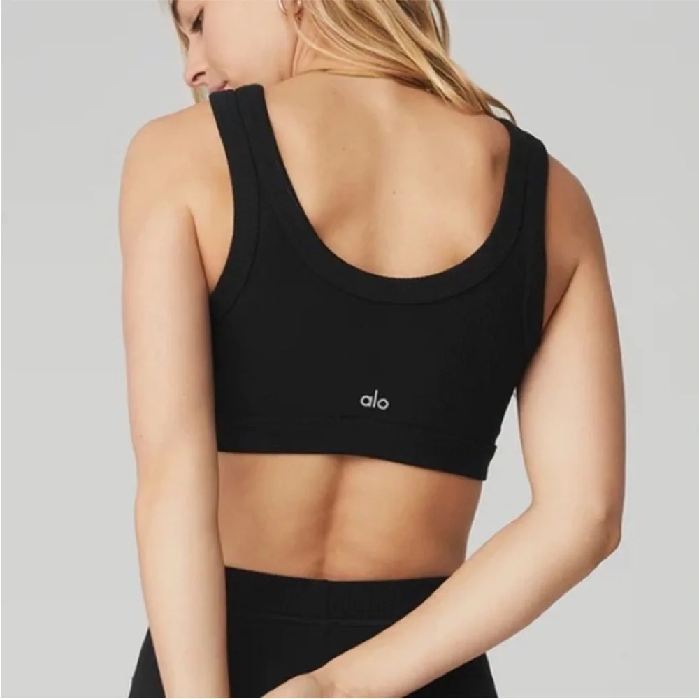 Alo Yoga Seamless Sports Bra Black Ribbed Scoop Neck Athletic Yoga Sz XS